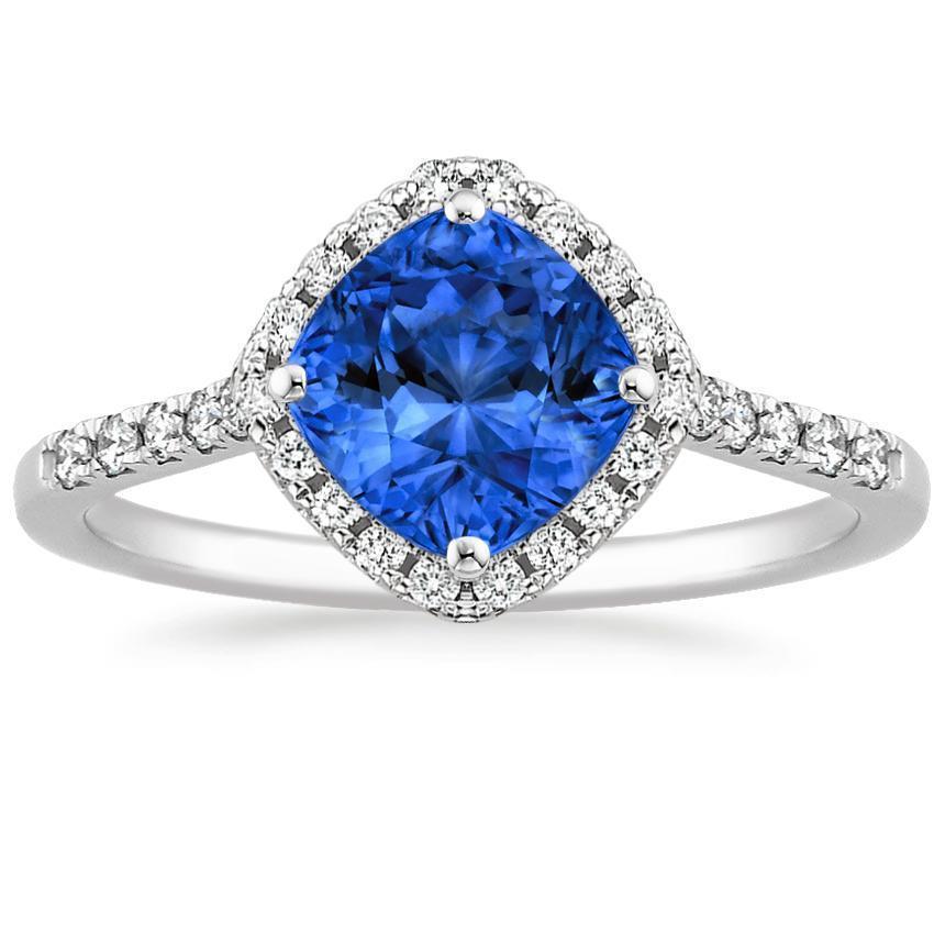 31878 3 CT Cushion Cut Blue Sapphire & Round Diamond Ring, 14K White Gold - Size 6.5