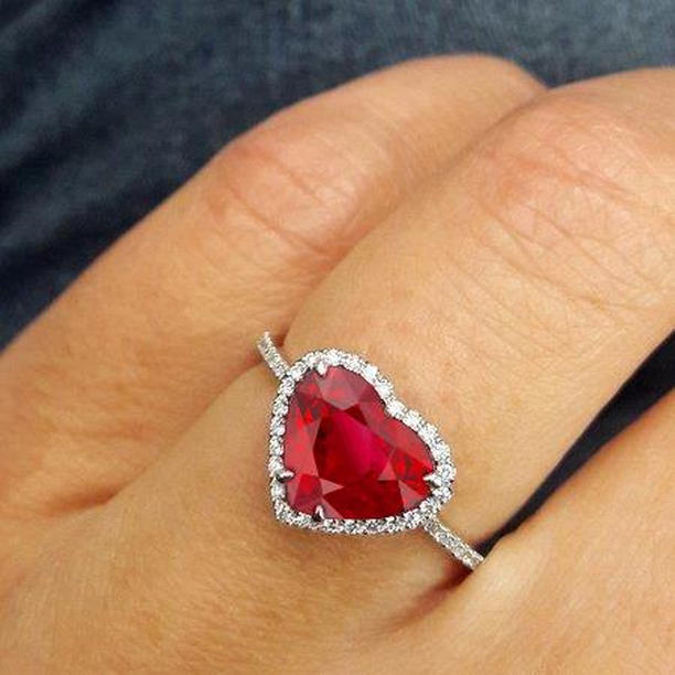36981 5.35 CT Heart Shaped Ruby & Accents 14K White Gold Diamond Ring, Size 6.5