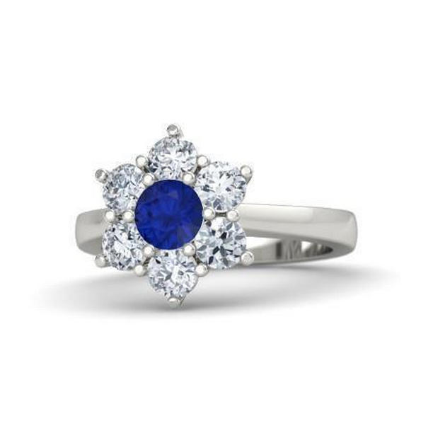 37188 4 CT Sri Lankan Sapphire Round Diamond Ring, 14K White Gold - Size 6.5