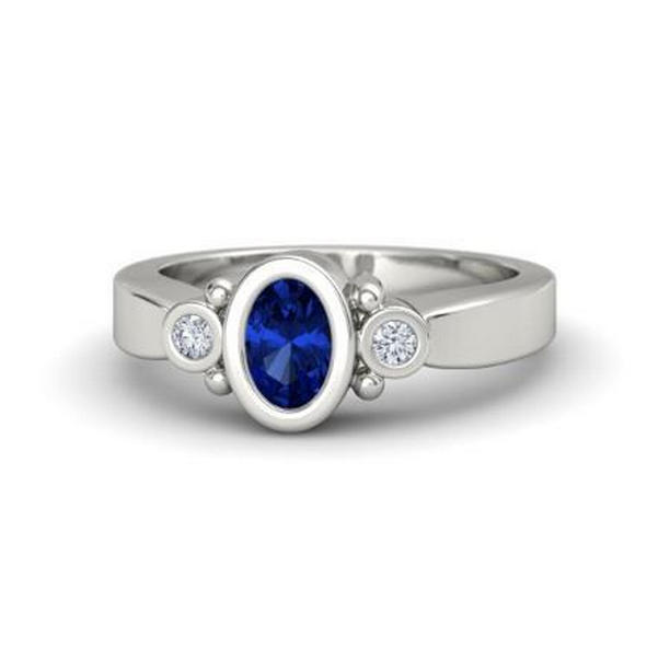 37293 1.70 CT Ceylon Blue Sapphire Bezel Set Diamond Ring, 14K White Gold - Size 6.5