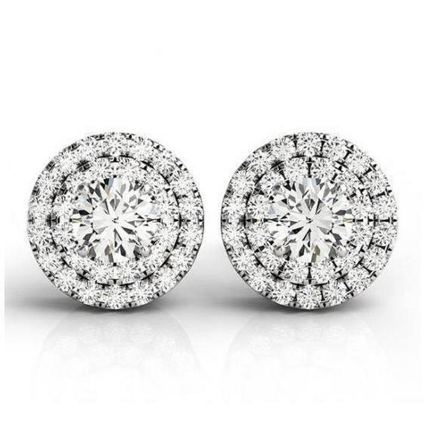 51214 Round Center Diamond 2.10 CT Halo Pair Stud Earring, 14K White Gold