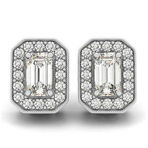 51240 2 CT Emerald & Round Diamonds 14K White Gold Halo Stud Earrings