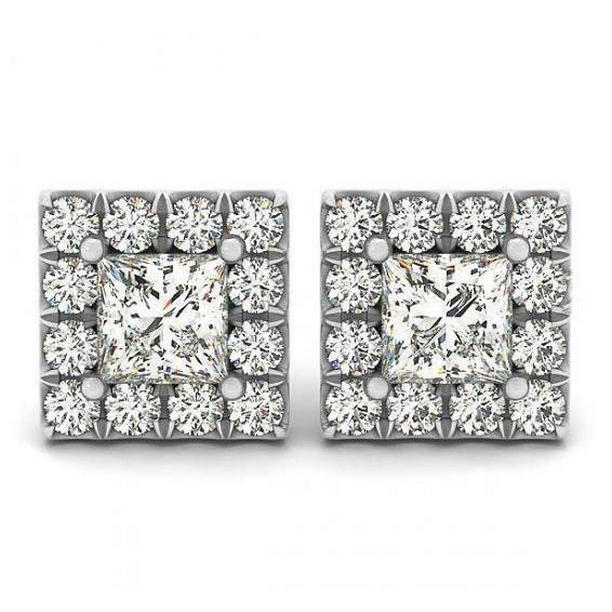 51244 Princess & Round Diamond 2.50 CT Stud Halo Earring, 14K White Gold