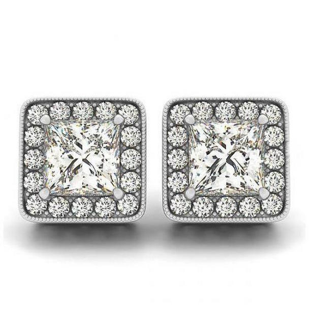 2 CT Princess & Round Diamonds Halo Stud Earrings, 14K White Gold