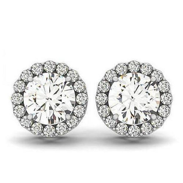 51265 2.10 CT Round Diamonds 14K White Gold Stud Pair Halo Earrings