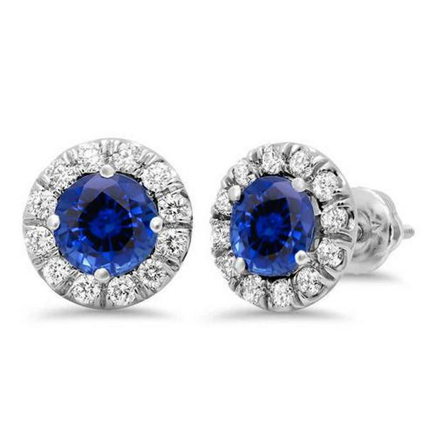 Picture of Harry Chad Enterprises 51388 3 CT Round Sapphire & Diamond Halo Stud Earring&#44; 14K White Gold