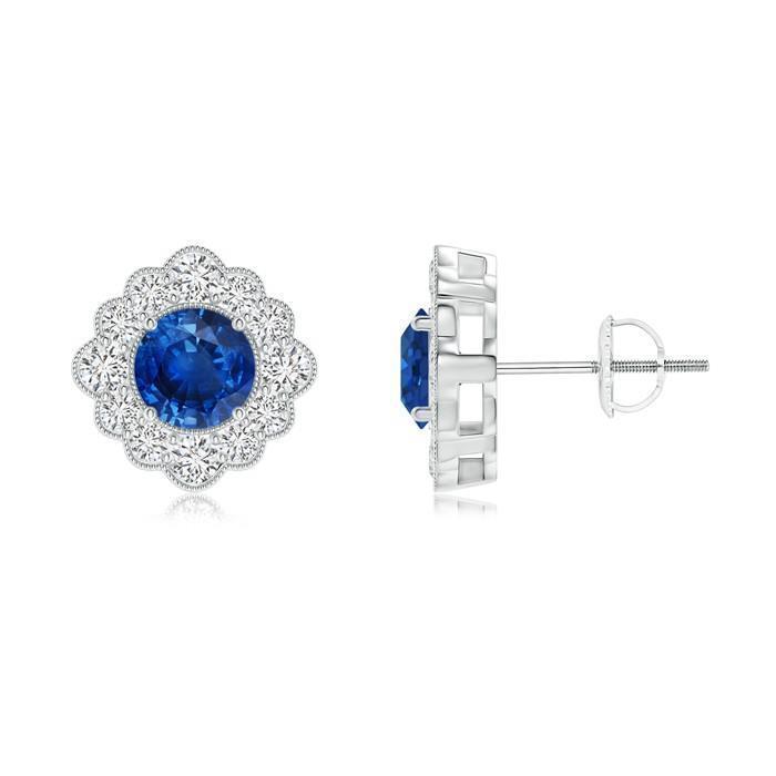 Sapphire & Diamond 3 CT Lady Halo Stud Earring, 14K White Gold