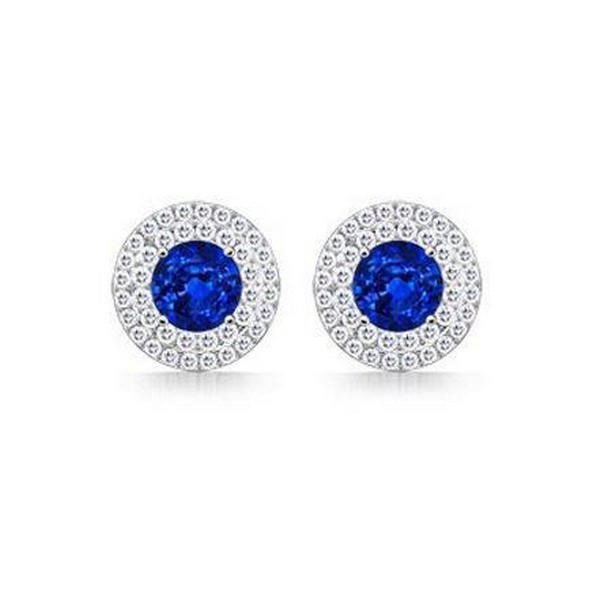 54068 Ceylon Sapphire & Diamonds 4 CT Stud Earring, 14K White Gold
