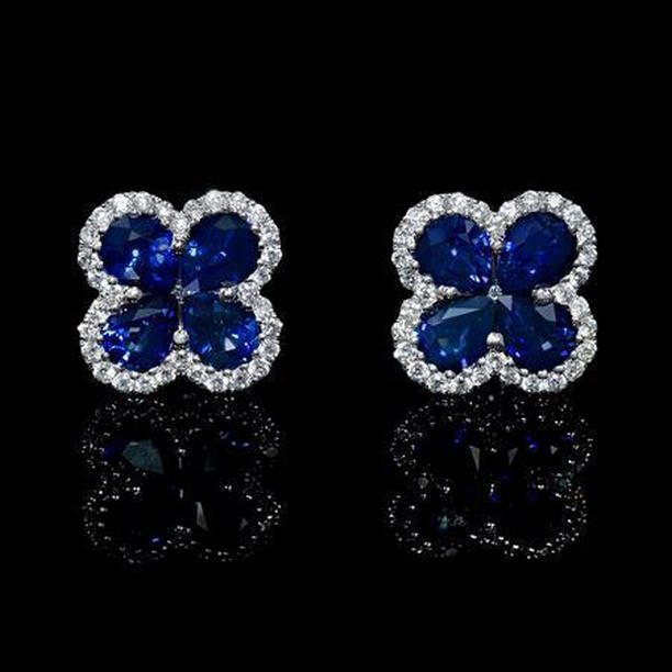 4.66 CT Blue Pear Sapphire Diamond Cluster Earring, 14K White Gold