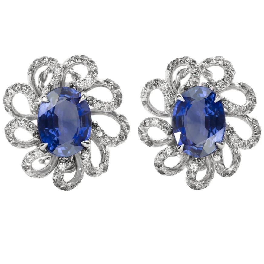Oval Cut Blue Sapphire & Diamonds 5.50 CT Stud Earring