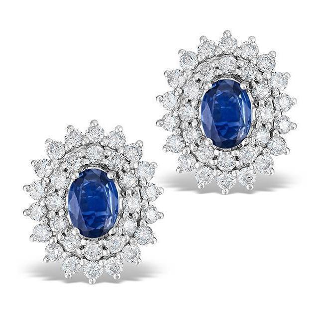3 CT Sri Lankan Sapphire Round Diamond White Gold Stud Earrings