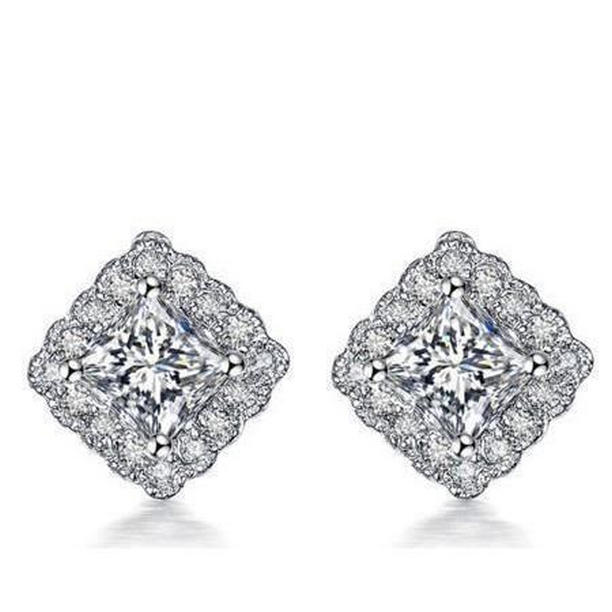 54177 Princess & Round Cut 2.32 CT Diamond Halo Stud Earrings, 14K White Gold