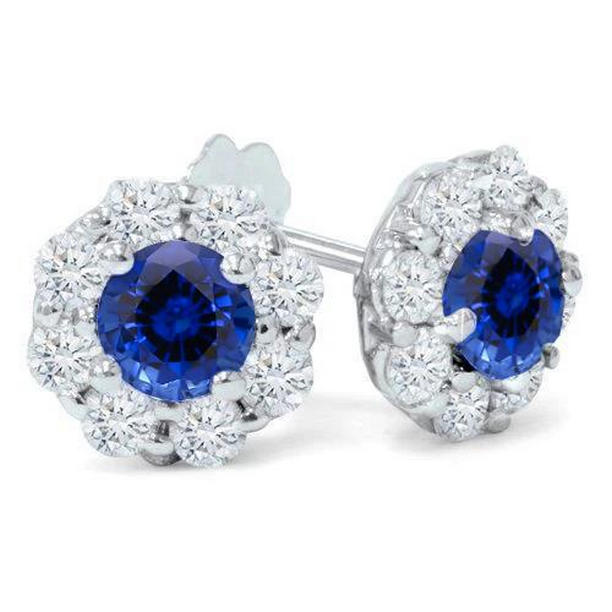 3.50 CT Round Ceylon Sapphire Diamond Stud Earrings, 14K White Gold