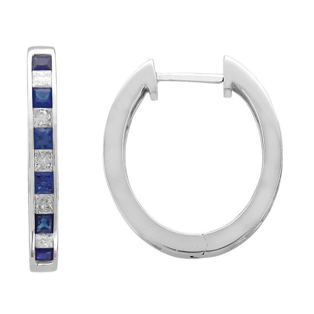 Ceylon Sapphire & Diamonds 4.40 CT Hoop Earrings, 14K White Gold