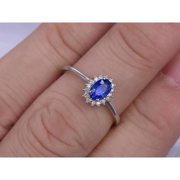 56362 2 CT Oval Cut Ceylon Sapphire & Diamond Ring, 14K White Gold - Size 6.5