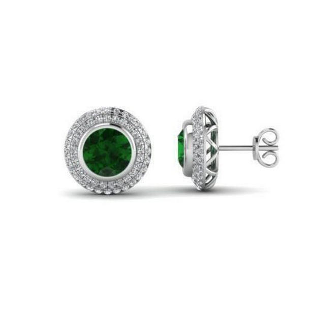 Round Emerald & Diamond 5.90 CT Stud Halo Earrings, 14K White Gold