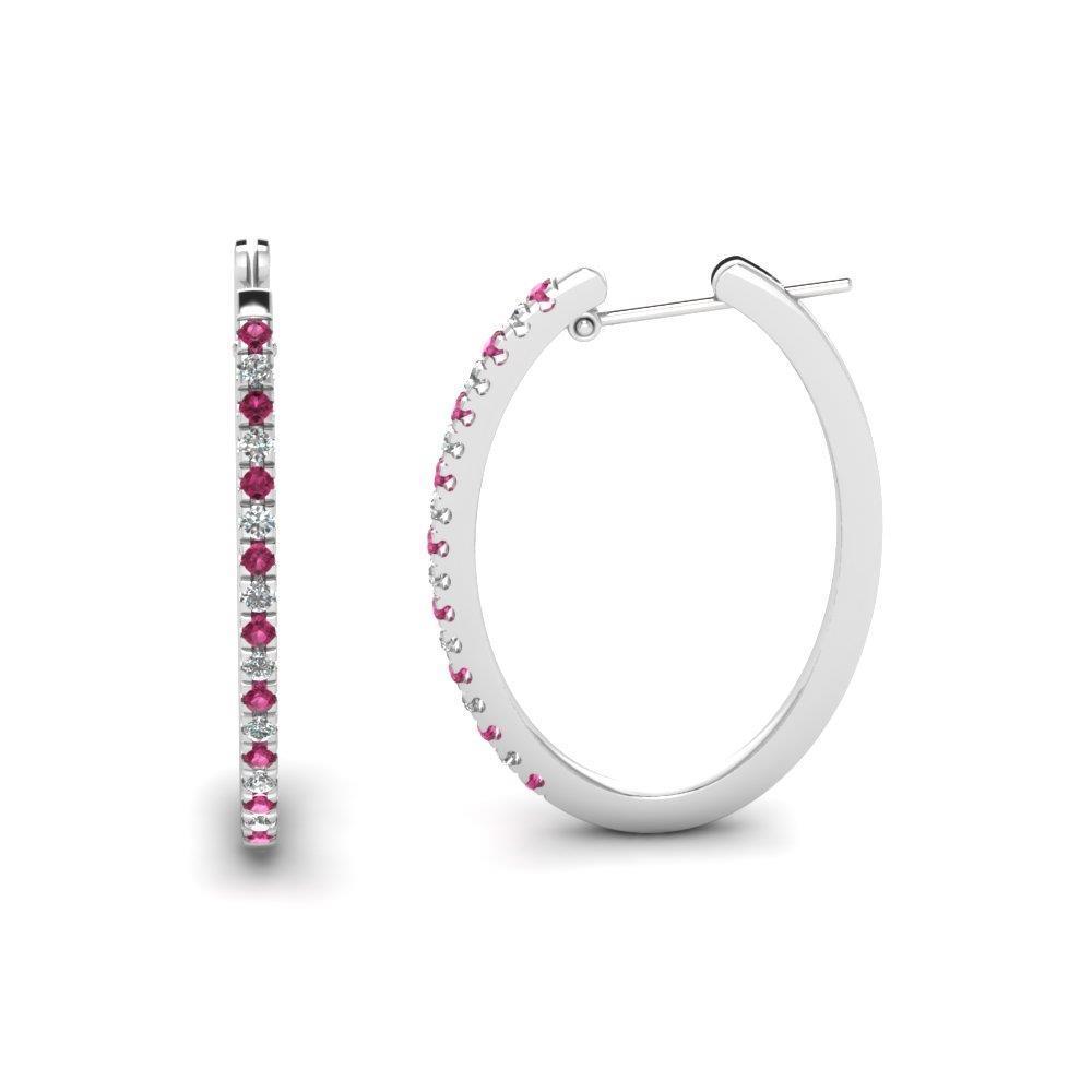 8.50 CT Round Pink Sapphire & Diamonds White Gold Hoop Earrings