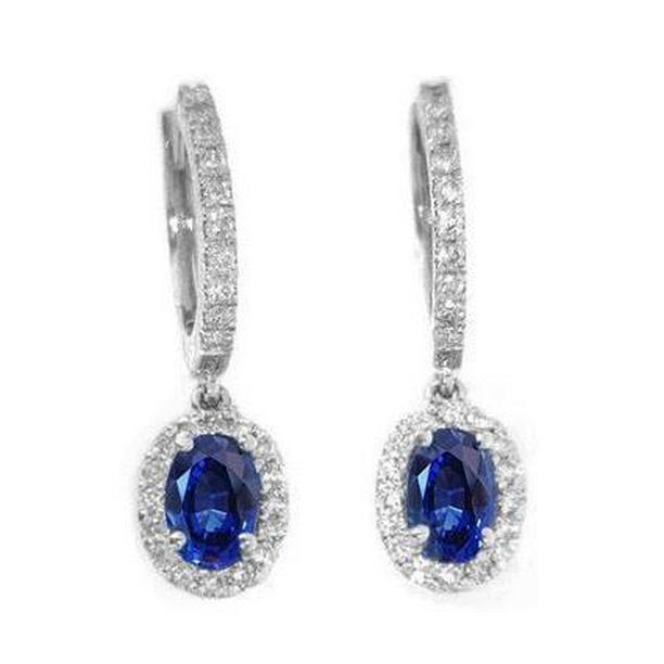 Blue Oval Sapphire & Diamond 3.06 CT Drop Earring, 14K White Gold
