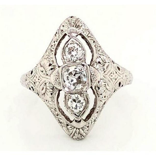 58574 1.75 CT Old Miner Antique Style Filigree 3 Stone Ring, Size 6.5