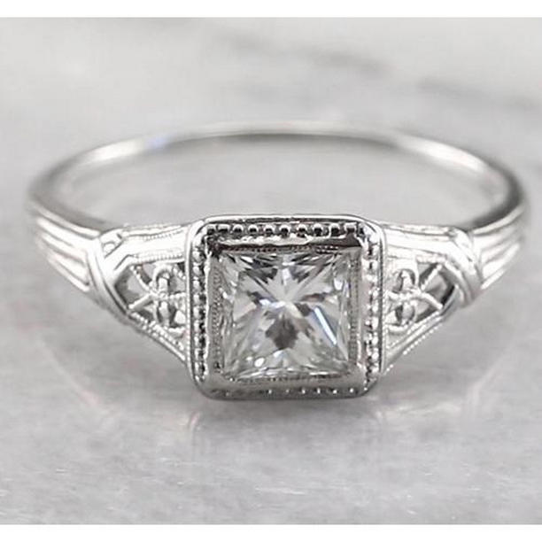 58584 Vintage Style 1 CT Solitaire Princess Diamond Ring, White Gold - Size 6.5