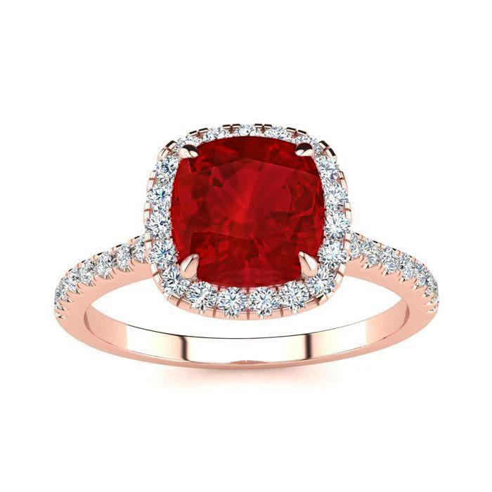 59742 5.35 CT Cushion Cut Red Ruby & Diamond Gold Wedding Ring, Size 6.5