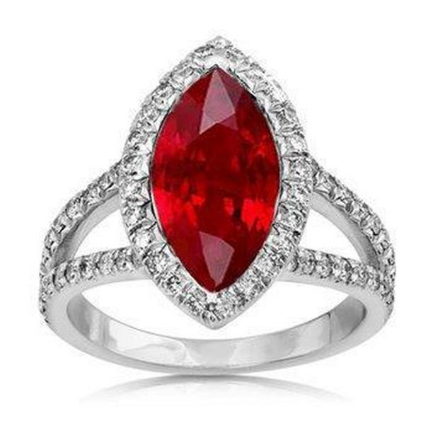 59759 5.55 CT Red Marquise Cut Halo Ruby White Gold Diamond Ring, Size 6.5