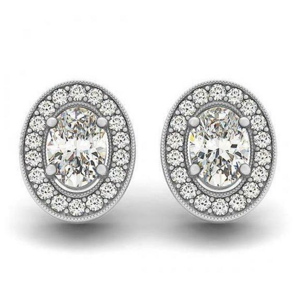 1.86 CT Oval Diamonds Halo Stud Pair Earrings, 14K White Gold