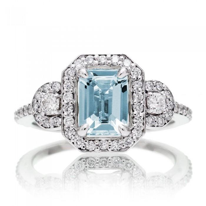 61981 Aquamarine & Diamonds 5.80 CT Anniversary Ring, 14K White Gold - Size 6.5