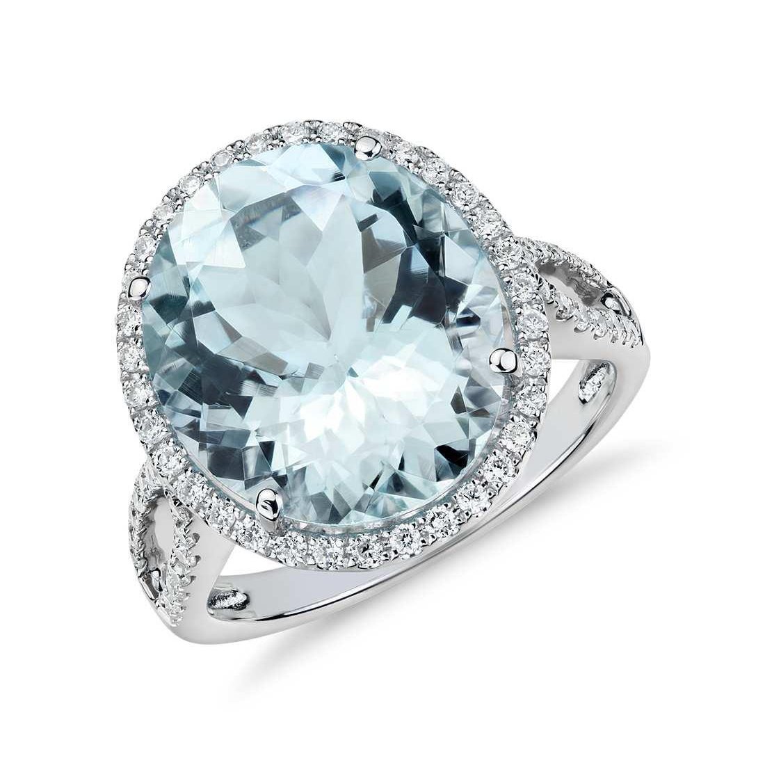 61984 Prong Set Round Cut 12 CT Aquamarine & Diamonds White Gold Ring, Size 6.5 -  Harry Chad Enterprises