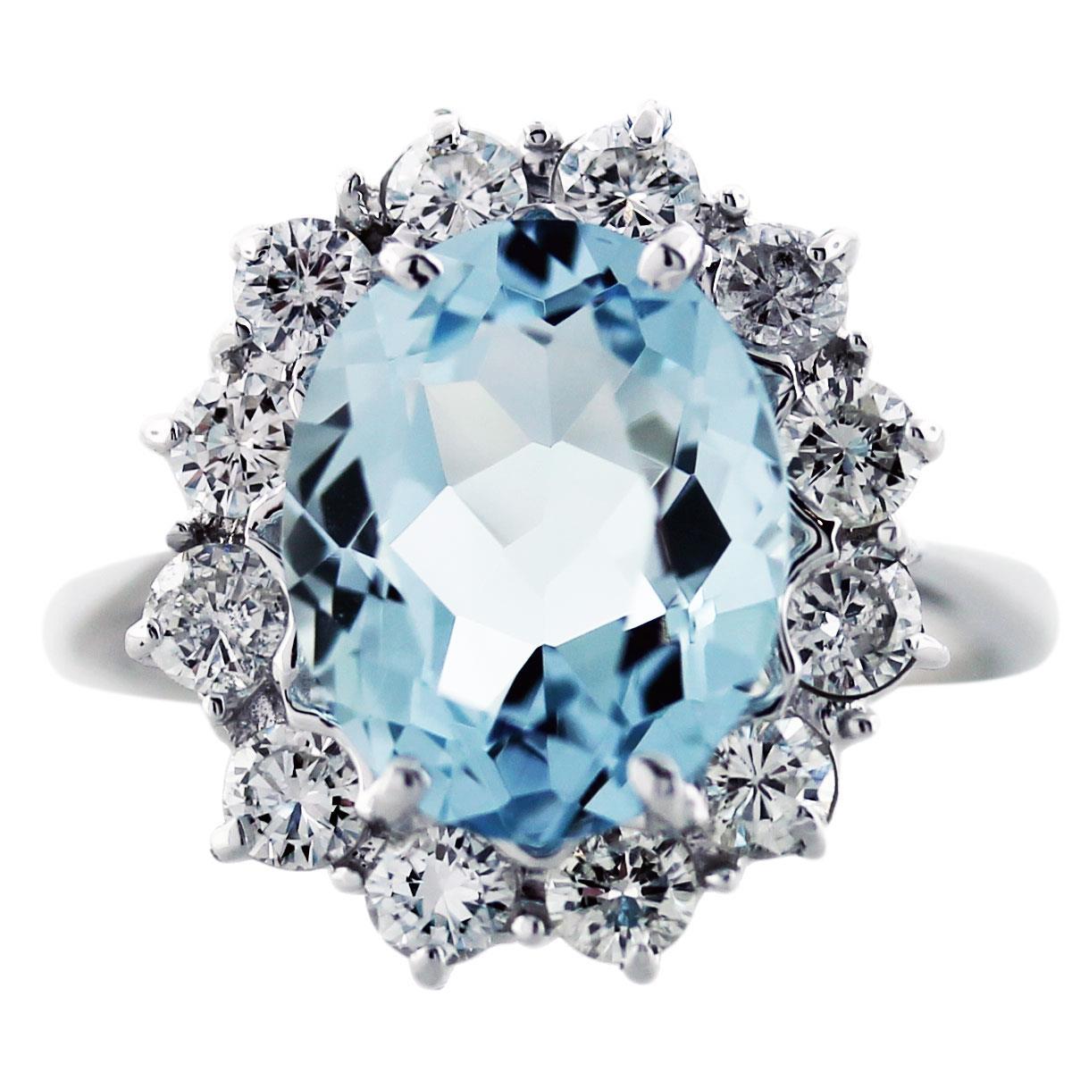 Solitaire with Accent 14 CT Aquamarine with Diamonds Ring, 14K Gold - Size 6.5