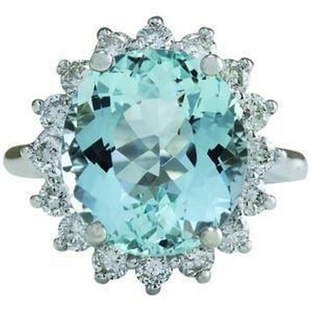61986 11.50 CT Round Aquamarine & Diamonds Engagement Ring, White Gold - Size 6.5