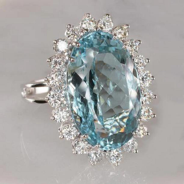 61989 14K White Gold Aquamarine with Diamonds 9 CT Engagement Ring, Size 6.5