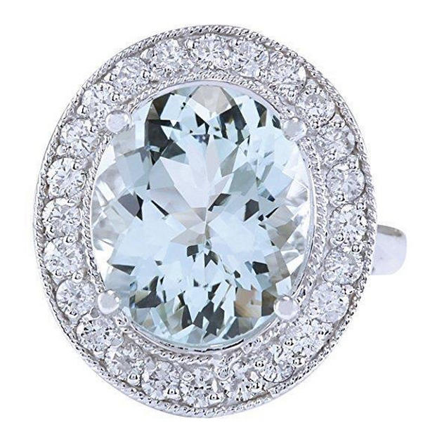 61994 Prong Set 11 CT Round Aquamarine & Diamonds Ring, 14K White Gold - Size 6.5