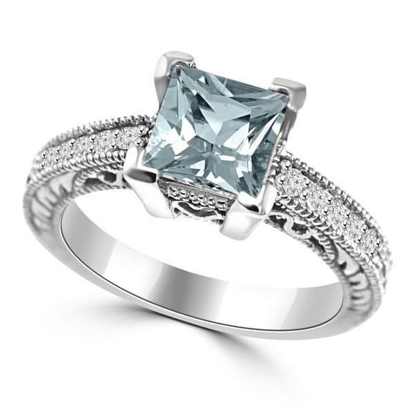 61999 Princess Cut Aquamarine with Round Diamonds 16 CT Ring, White Gold - Size 6.5