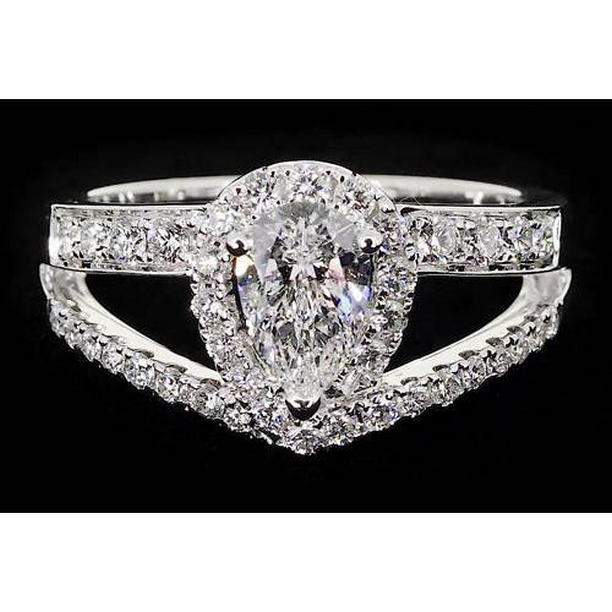 62042 2.50 CT Vintage Type Pear Diamond 14K White Gold Anniversary Ring, Size 6.5