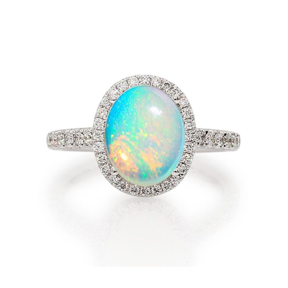 9.40 CT Big Opal & Diamonds Anniversary Ring, 14K White Gold - Size 6.5