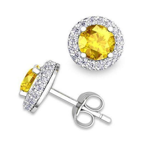 White Gold 5 CT Womens Round Cut Yellow Sapphire Stud Earrings