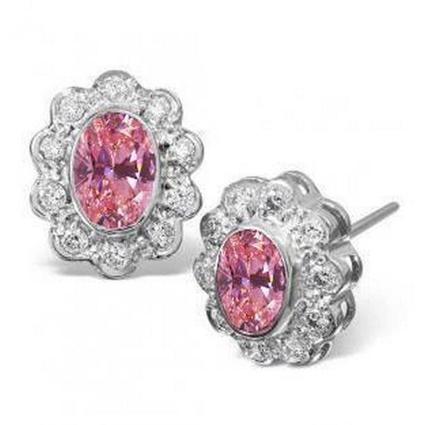3 CT Oval Cut Pink Sapphire & Diamond Stud Earring, 14K White Gold