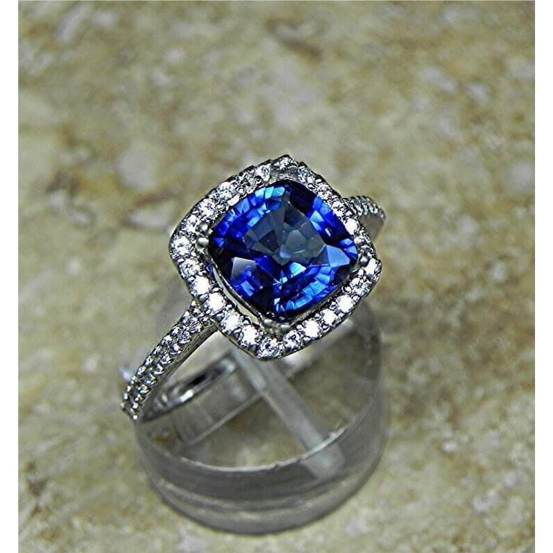 62701 3.5 CT Blue Cushion Cut Sapphire Halo Diamond Wedding Ring, 14K Gold - Size 6.5
