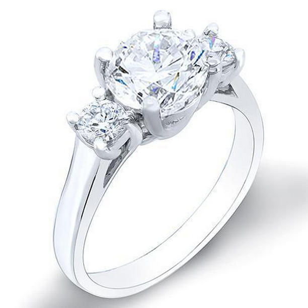 Sparkling Three Stone 1.90 CT Diamonds Wedding Ring, 14K White Gold - Size 6.5