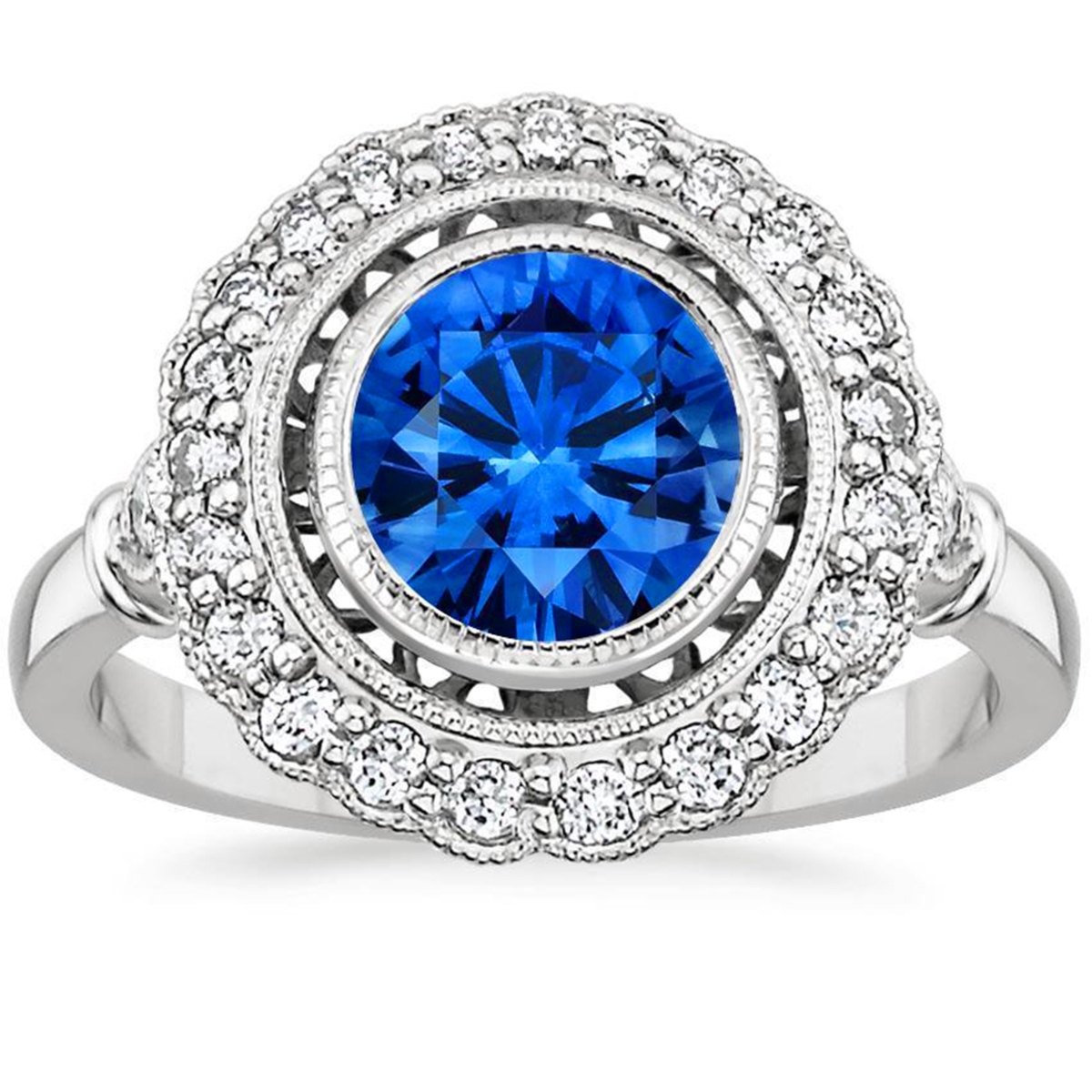 63371 3.20 CT Blue Round Sapphire Halo Diamond Ring, 14K White Gold - Size 6.5
