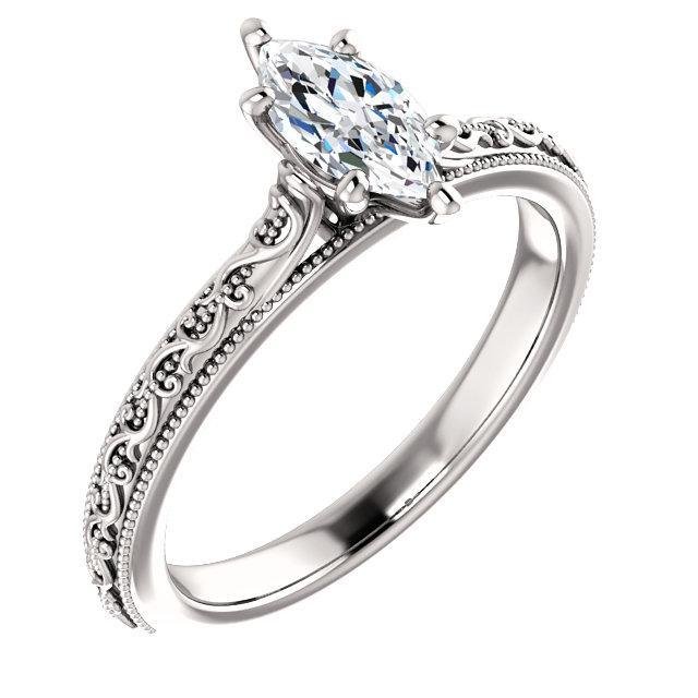 63381 Diamond Marquise 1.50 CT Milgrain Solitaire Ring, 14K White Gold - Size 6.5