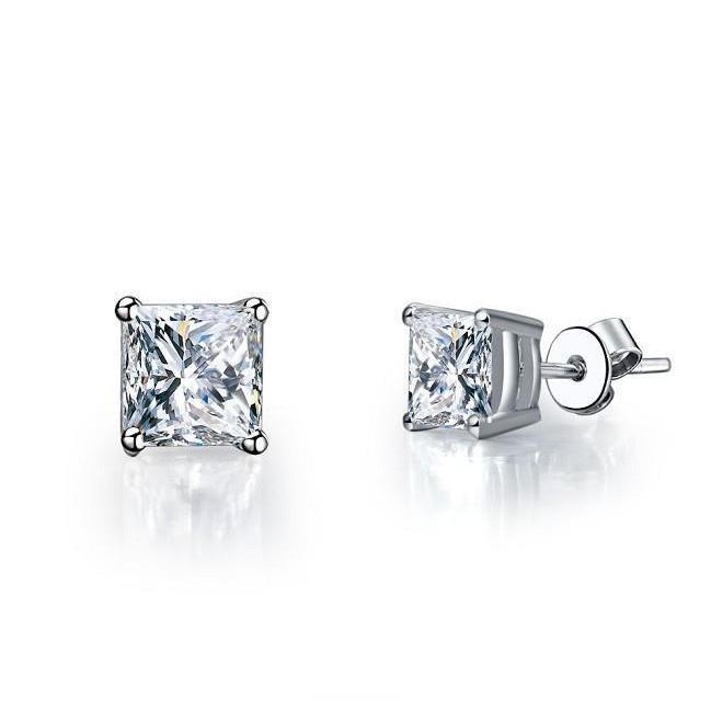 64772 Princess Cut 2 CT Diamonds Stud Earring, 14K White Gold