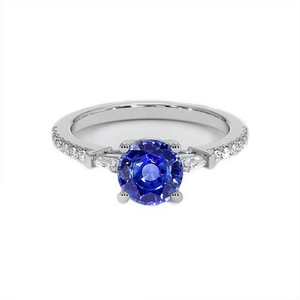 65636 3 CT Gold Diamond Blue Sapphire with Baguettes Engagement Ring, Size 6.5