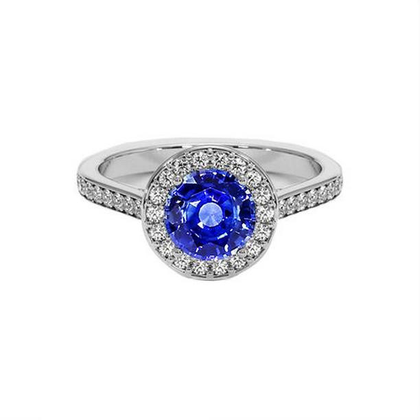 65637 Round Diamond Ceylon Sapphire 4 CT White Gold Accents Halo Ring, Size 6.5