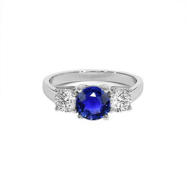 Picture of Harry Chad Enterprises 65646 3 Stone Round Blue Sapphire 4 CT Prong Set Diamond Ring&#44; 14K Gold - Size 6.5