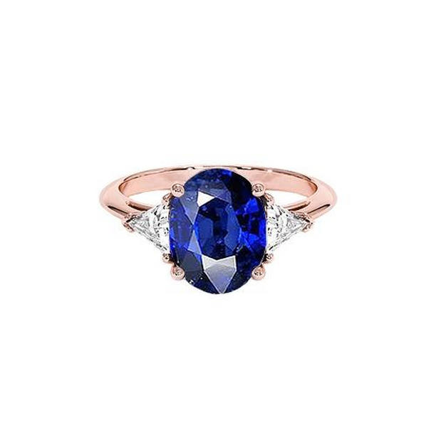 Picture of Harry Chad Enterprises 65652 8.25 CT Rose Gold 3 Stone Oval Blue Sapphire & Diamond Ring&#44; Size 6.5