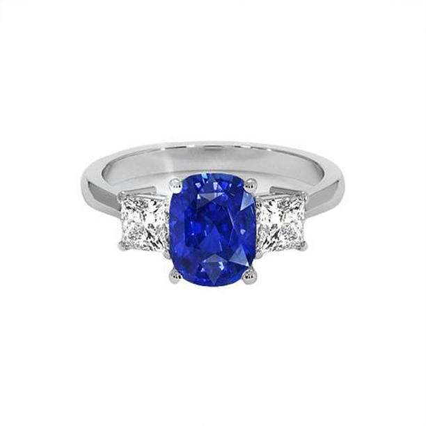 Picture of Harry Chad Enterprises 65653 6.50 CT Gold 3 Stone Cushion Blue Sapphire & Princess Diamond Ring&#44; Size 6.5