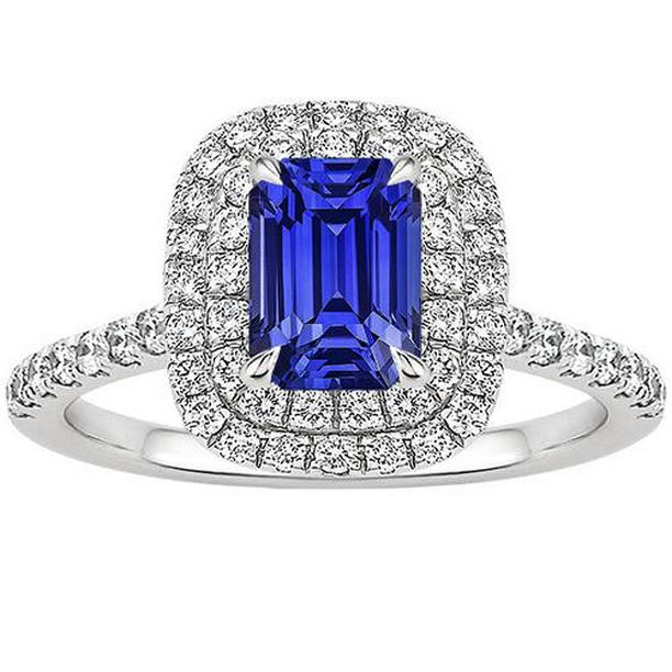 66158 5 CT Emerald Blue Sapphire & Diamond Halo Ring, 14K White Gold - Size 6.5
