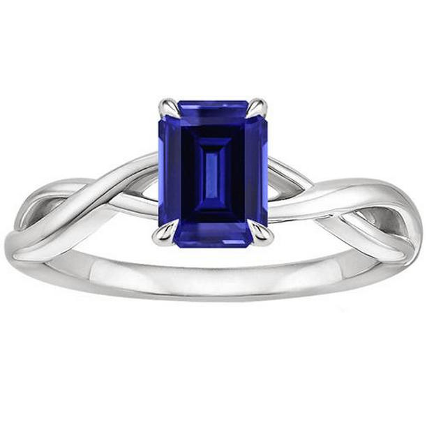 66212 3 CT 14K White Gold Emerald Blue Sapphire Solitaire Ring, Size 6.5
